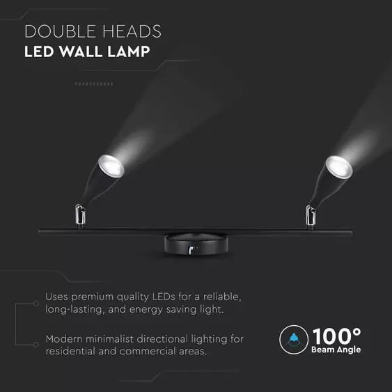 V-TAC kétfejű 9W beltéri fekete fali LED lámpa, természetes fehér, 90 Lm/W - SKU 218269