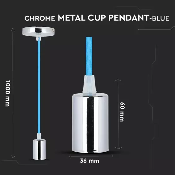 V-TAC króm függeszték, kék vezetékkel, E27 foglalattal - SKU 3783