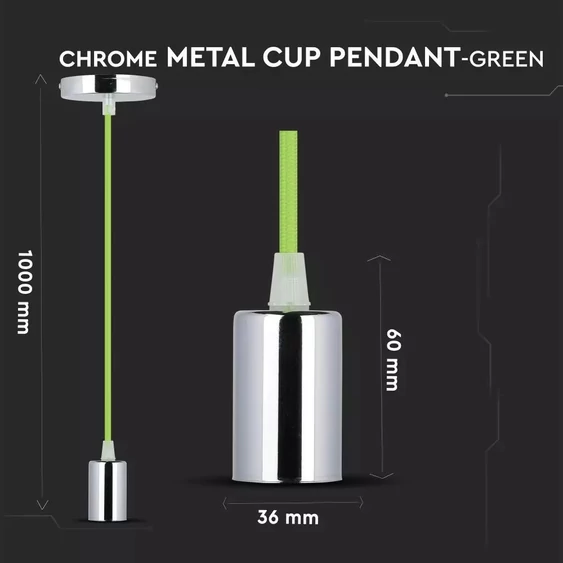 V-TAC króm függeszték, zöld vezetékkel, E27 foglalattal - SKU 3785