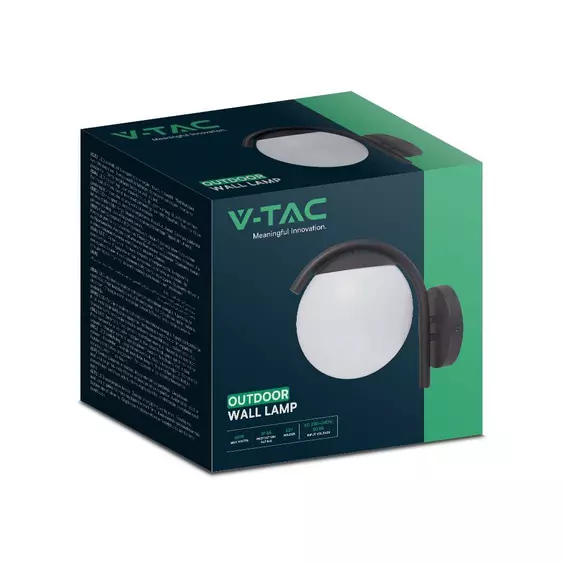 V-TAC kültéri fali lámpa, gömb búrával, fekete, E27 foglalattal - SKU 10420