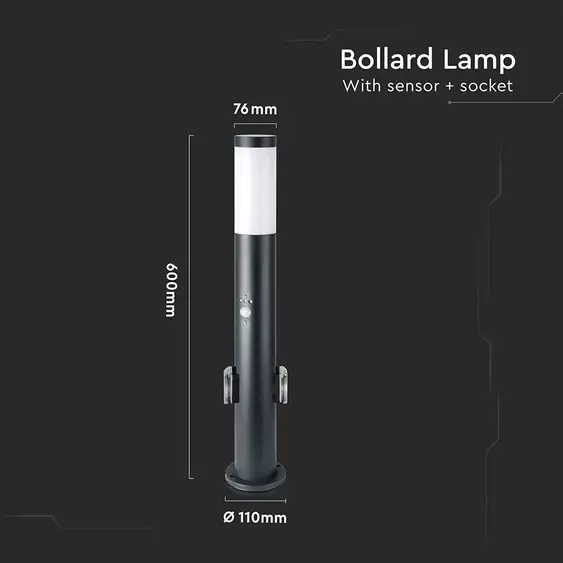 V-TAC kültéri, mozgásérzékelős antracit állólámpa, 60 cm, 2 db aljzattal, E27 foglalattal - SKU 8976