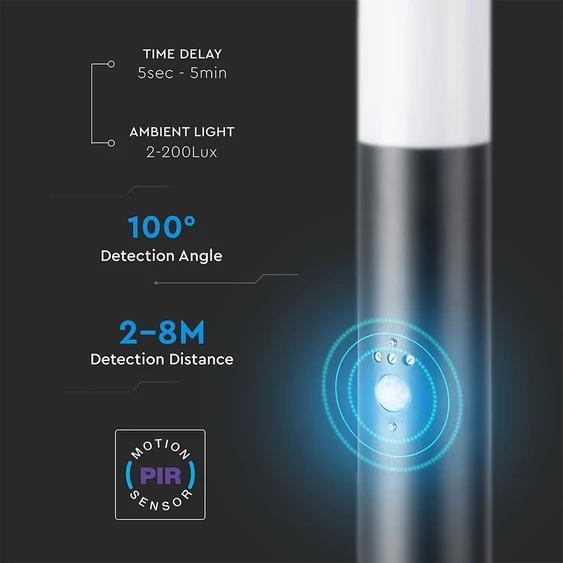 V-TAC kültéri, mozgásérzékelős fekete állólámpa, 110 cm, E27 foglalattal - SKU 8983