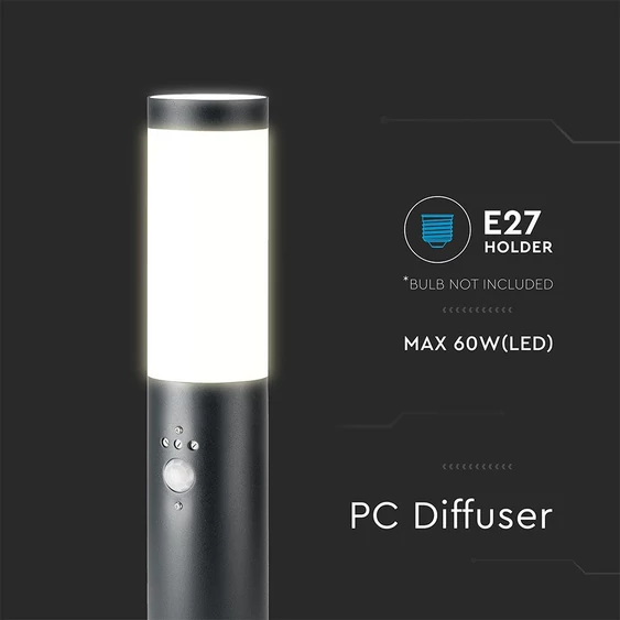 V-TAC kültéri, mozgásérzékelős fekete állólámpa, 45 cm, E27 foglalattal - SKU 8985