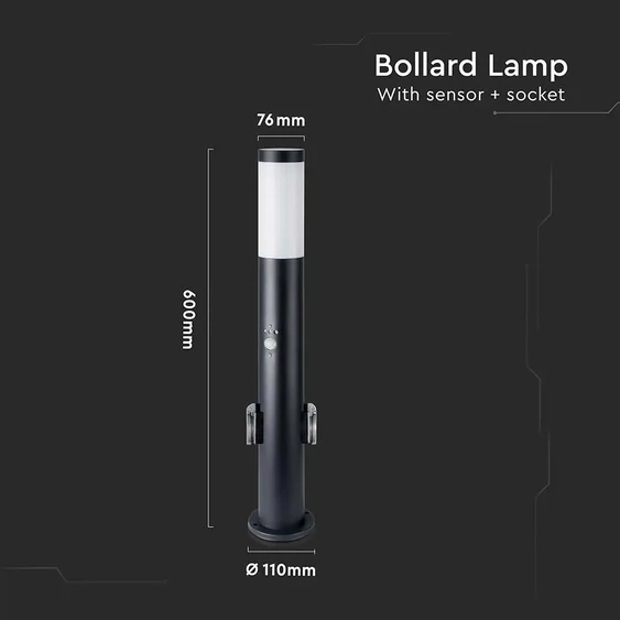 V-TAC kültéri, mozgásérzékelős fekete állólámpa, 60 cm, 2 db aljzattal, E27 foglalattal - SKU 8979