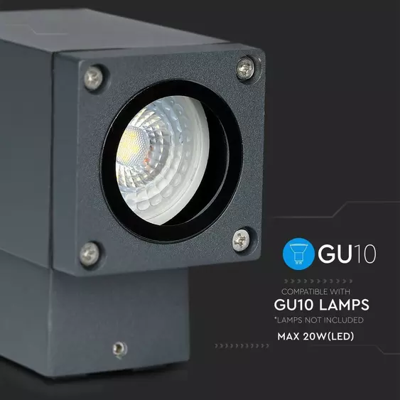 V-TAC kültéri, szögletes, szürke fali lámpa, GU10 foglalattal - SKU 8626