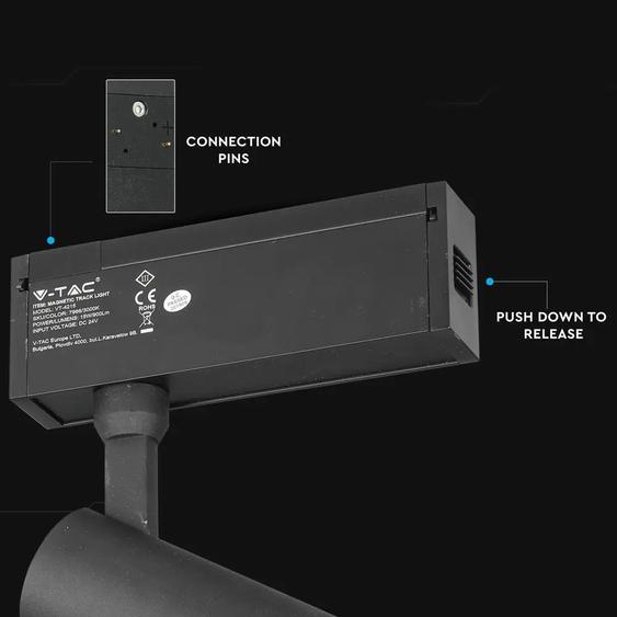 V-TAC LED állítható spotlámpa mágneses sínhez 15W CRI&gt;90 UGR&lt;19 meleg fehér - SKU 7966
