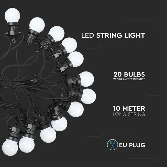 V-TAC LED party fényfüzér 10m 20db fényforrással, hideg fehér - SKU 217440