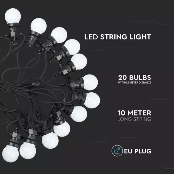 V-TAC LED party fényfüzér 10m 20db fényforrással, meleg fehér - SKU 217439