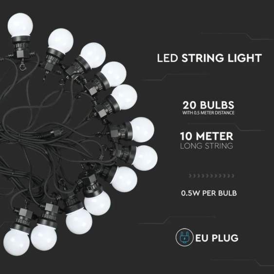 V-TAC LED party fényfüzér 10m 20db fényforrással - SKU 7440