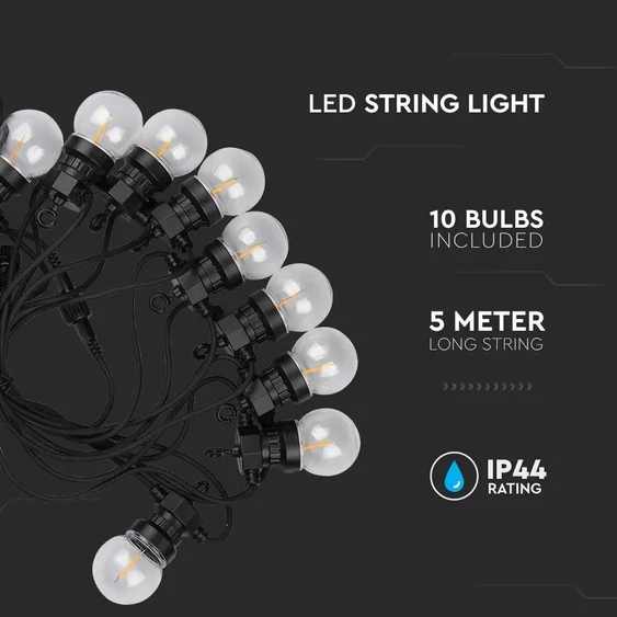 V-TAC LED party fényfüzér 5m 10db filament fényforrással, meleg fehér - SKU 212728