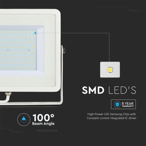 V-TAC LED reflektor 100W meleg fehér Samsung chip, fehér házzal - SKU 21415