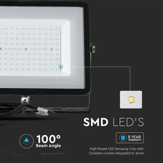 V-TAC LED reflektor 100W meleg fehér Samsung chip, fekete házzal - SKU 21412
