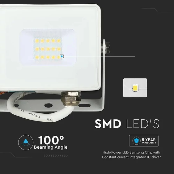 V-TAC LED reflektor 10W meleg fehér Samsung chip, fehér házzal - SKU 21427