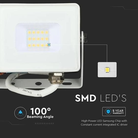 V-TAC LED reflektor 10W meleg fehér Samsung chip, fehér házzal - SKU 21427