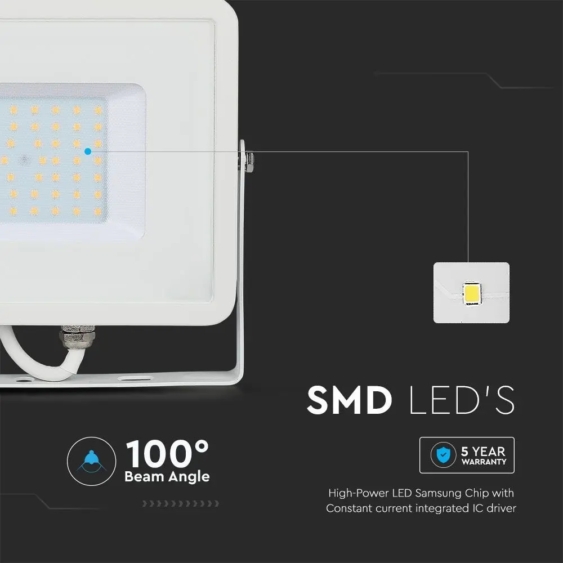 V-TAC LED reflektor 50W hideg fehér Samsung chip, fehér házzal - SKU 21411