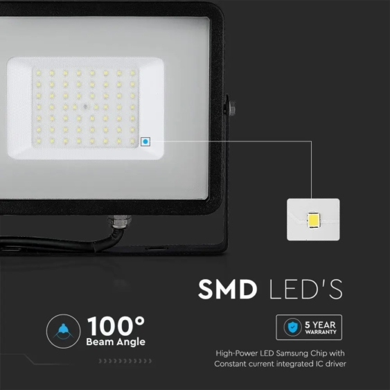 V-TAC LED reflektor 50W hideg fehér Samsung chip, fekete házzal - SKU 21408