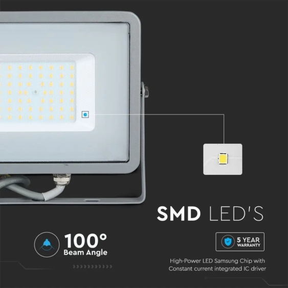 V-TAC LED reflektor 50W természetes fehér Samsung chip, szürke házzal - SKU 21464