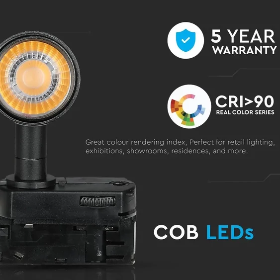 V-TAC LED sínes spotlámpa állítható 7W CRI>90 természetes fehér, fekete ház - SKU 354