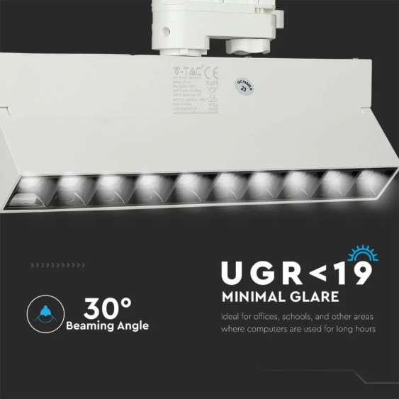 V-TAC LED sínes spotlámpa dönthető 25W CRI&gt;90 UGR&lt;19 meleg fehér - SKU 20009
