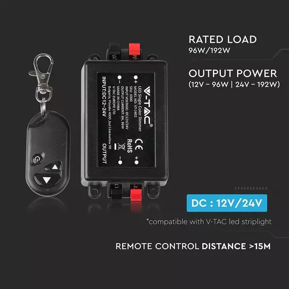 V-TAC LED szalag dimmer távirányítóval 12/24V - SKU 3300