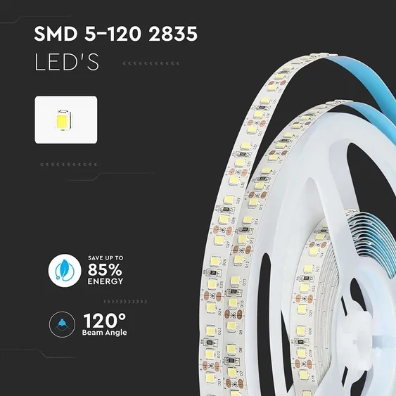 V-TAC LED szalag IP20 SMD 2835 chip 120 db/m természetes fehér, 110LM/W - SKU 21324