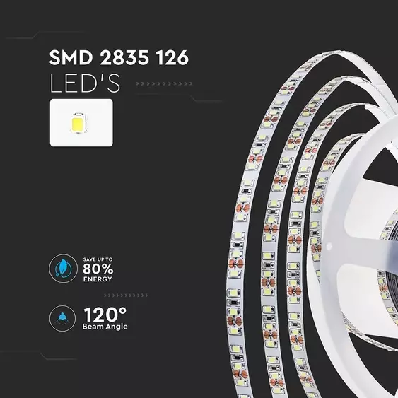 V-TAC LED szalag IP20 SMD 2835 chip 126 db/m meleg fehér, 137LM/W - SKU 212593