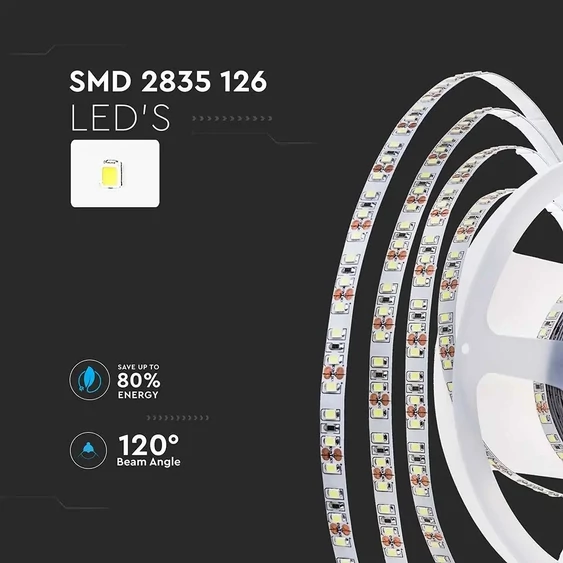 V-TAC LED szalag IP20 SMD 2835 chip 126 db/m természetes fehér, 137LM/W - SKU 212594