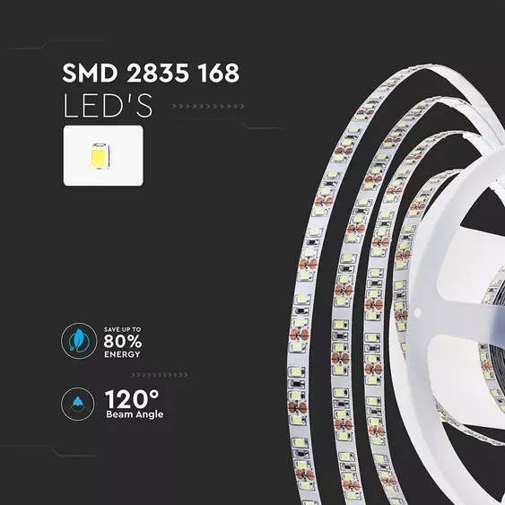 V-TAC LED szalag IP20 SMD 2835 chip 168 db/m meleg fehér, 140LM/W - SKU 212596