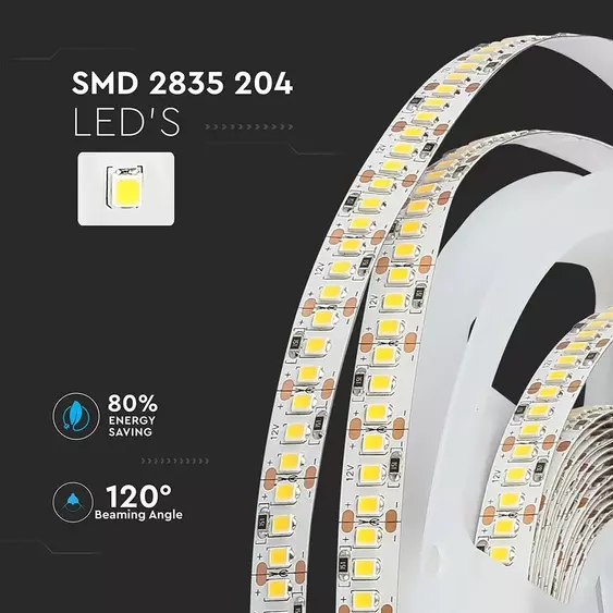 V-TAC LED szalag IP20 SMD 2835 chip 204 db/m meleg fehér - SKU 2461