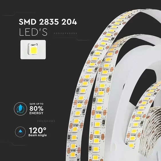 V-TAC LED szalag IP20 SMD 2835 chip 204 db/m természetes fehér, 100LM/W - SKU 212462