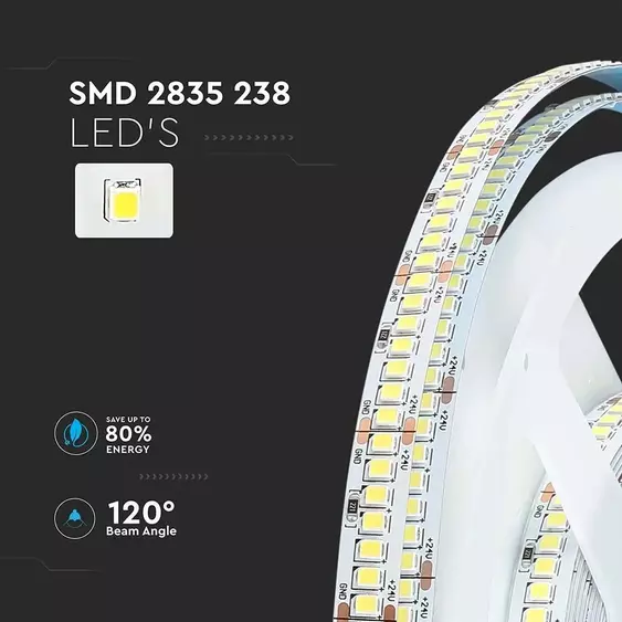 V-TAC LED szalag IP20 SMD 2835 chip 238 db/m meleg fehér, 135LM/W - SKU 212599