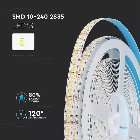 V-TAC LED szalag IP20 SMD 2835 chip 240 db/m hideg fehér CRI&gt;95 - SKU 333