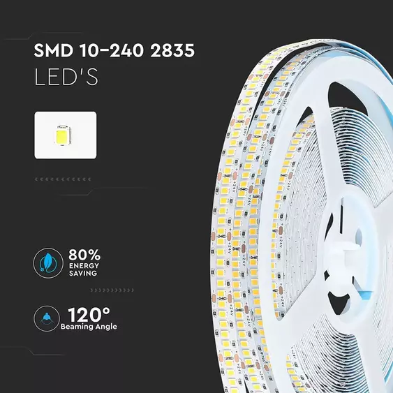 V-TAC LED szalag IP20 SMD 2835 chip 240 db/m meleg fehér - SKU 320