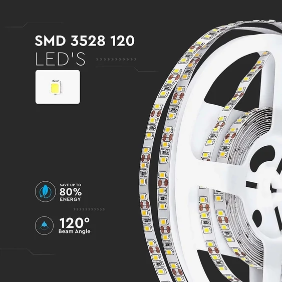 V-TAC LED szalag IP20 SMD 3528 chip 120 db/m hideg fehér, 100LM/W - SKU 212002