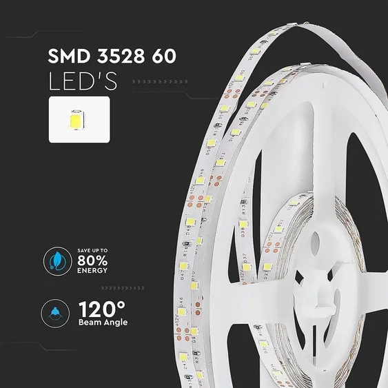 V-TAC LED szalag IP20 SMD 3528 chip 60 db/m meleg fehér, 100LM/W - SKU 212016