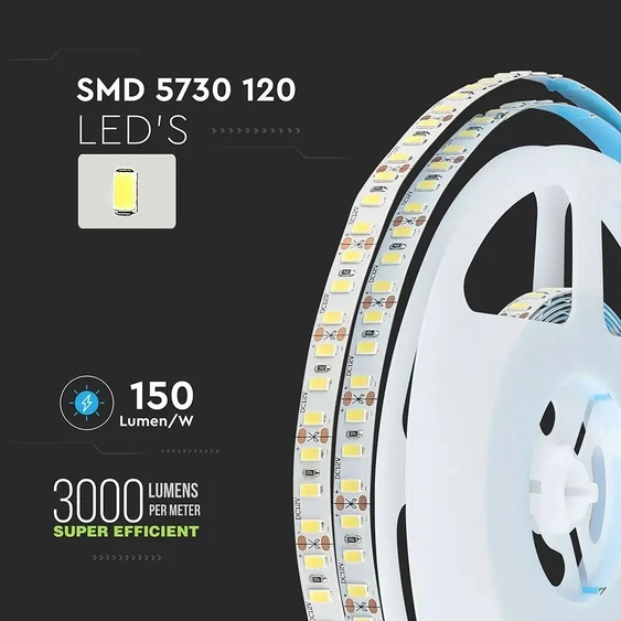 V-TAC LED szalag IP20 SMD 5730 chip 120 db/m hideg fehér - SKU 2161