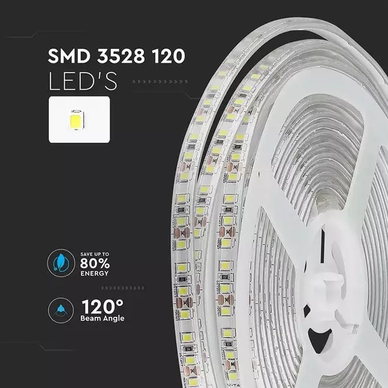 V-TAC LED szalag IP65 SMD 3528 chip 120 db/m hideg fehér, 100LM/W - SKU 212037