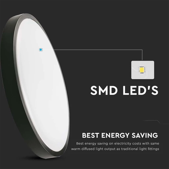 V-TAC mennyezeti kerek 18W lámpa, IP44, fekete, szenzorral, természetes fehér, 100 Lm/W - SKU 7669