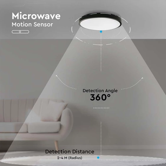 V-TAC mennyezeti kerek 18W lámpa, IP44, fekete, szenzorral, természetes fehér, 100 Lm/W - SKU 7669