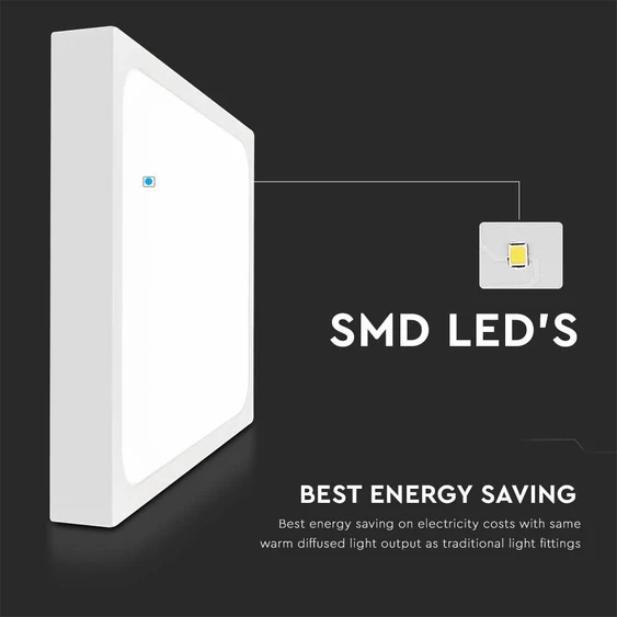 V-TAC mennyezeti négyzet 18W lámpa, IP44, fehér kerettel, meleg fehér, 100 Lm/W - SKU 7624