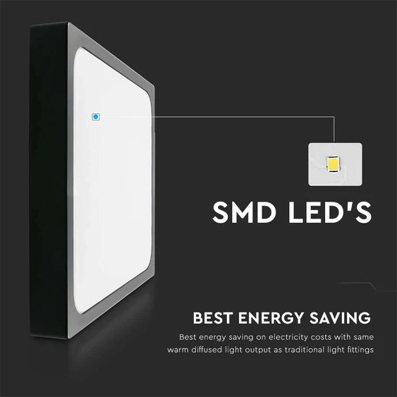 V-TAC mennyezeti négyzet 30W lámpa, IP44, fekete kerettel, természetes fehér, 100 Lm/W - SKU 7649