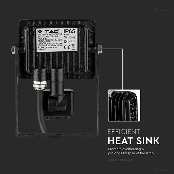 V-TAC mozgásérzékelős LED reflektor 10W hideg fehér Samsung chip - SKU 438