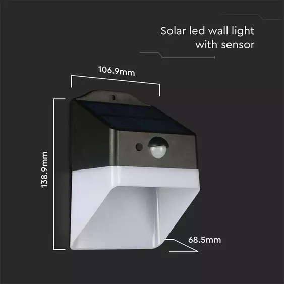 V-TAC napelemes fali lámpa 2W, természetes fehér, szenzorral, PANDA - SKU 10309