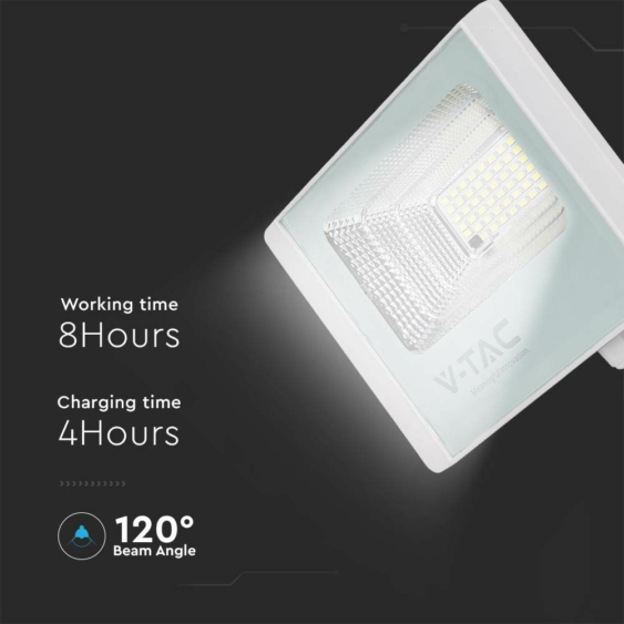 V-TAC napelemes LED reflektor 12W hideg fehér 5000 mAh, fehér házzal - SKU 10405