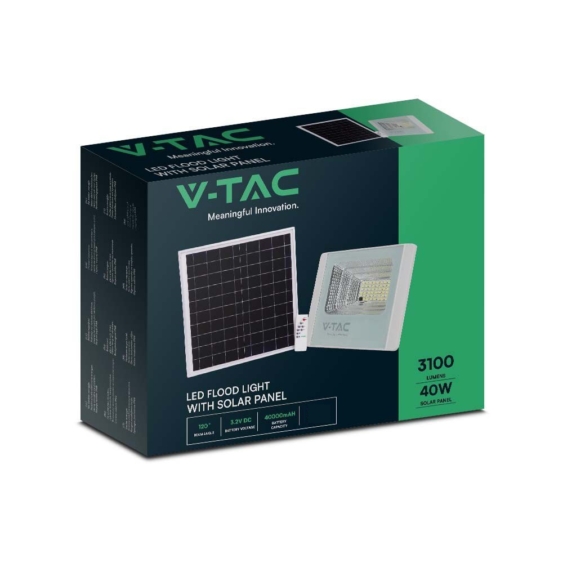 V-TAC napelemes LED reflektor 40W természetes fehér 20000 mAh, fehér házzal - SKU 10413