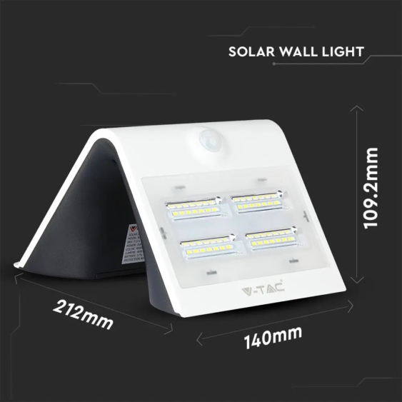 V-TAC napelemes, mozgásérzékelős LED reflektor, 3W meleg+természetes fehér, fehér előlap - SKU 7523