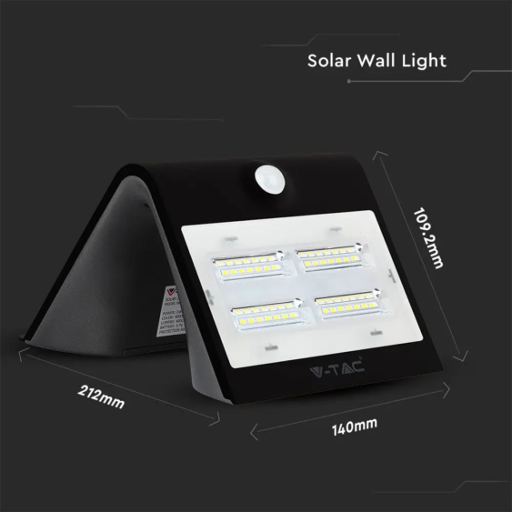 V-TAC napelemes, mozgásérzékelős LED reflektor, 3W meleg+természetes fehér, fekete előlap - SKU 7528