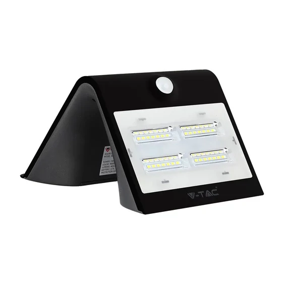 V-TAC napelemes, mozgásérzékelős LED reflektor, 3W meleg+természetes fehér, fekete előlap - SKU 7528