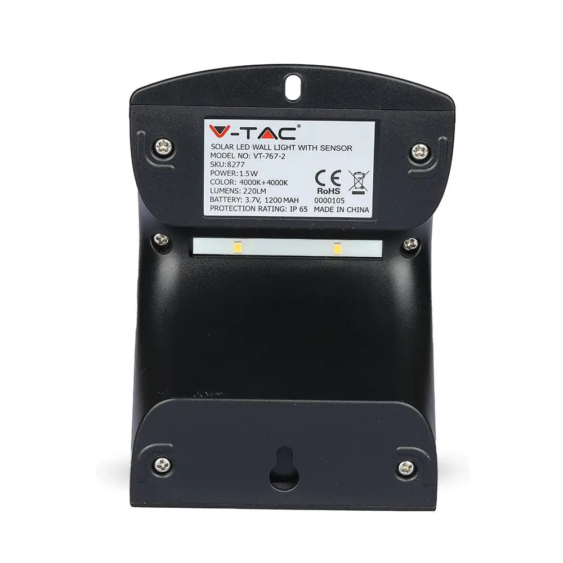 V-TAC napelemes, mozgásérzékelős LED reflektor, fekete, 1.5W természetes fehér - SKU 8277
