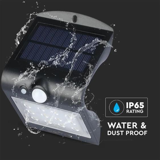 V-TAC napelemes, mozgásérzékelős LED reflektor, fekete, 1.5W természetes fehér - SKU 8277